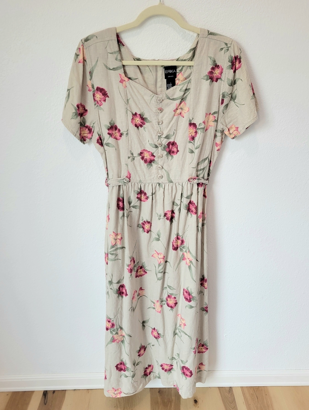 Erika Floral Cottagecore Midi Dress L Tan Pink Linen Blend
